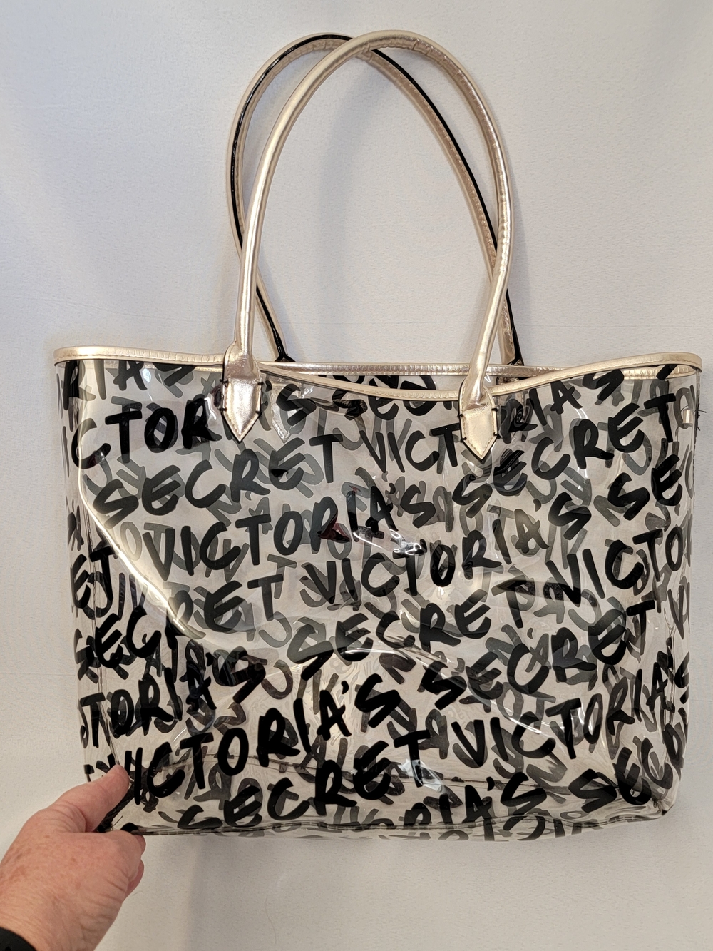 Victoria's Secret Black Script Clear Logo Tote with Gold Trim